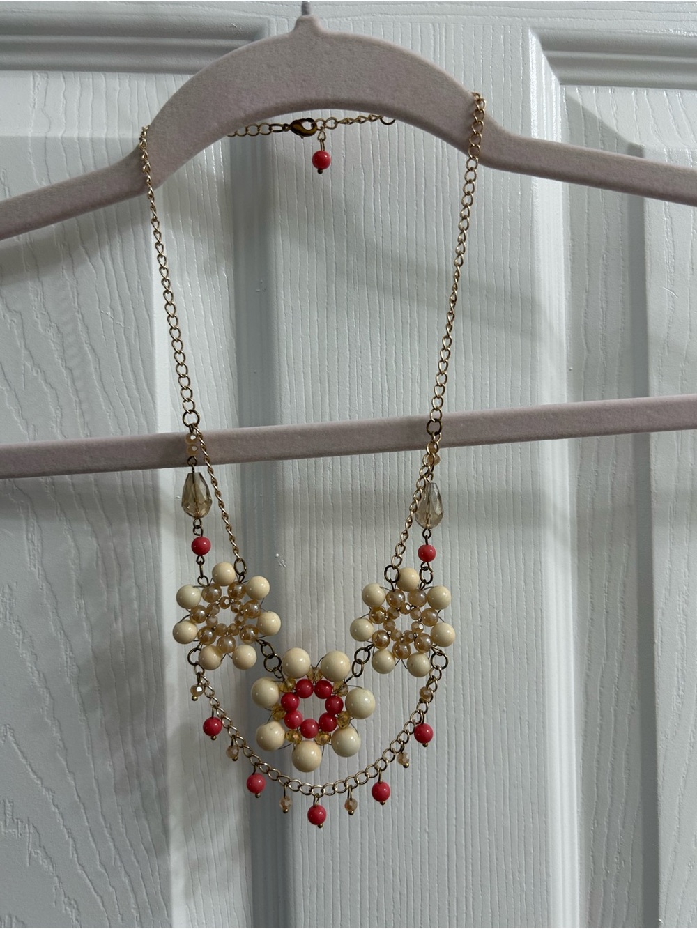Gold-Tone Floral Bead Statement Necklace - Cream & Coral